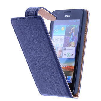 Polar Echt Lederen Huawei Ascend G700 Flipcase Hoesje Navy Blue