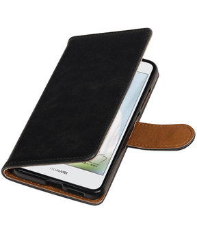 Zwart Pull-Up PU booktype wallet cover hoesje voor Huawei Nova