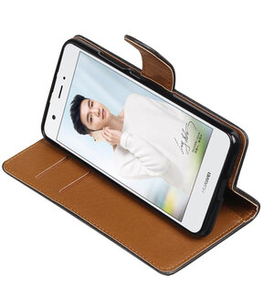 Zwart Pull-Up PU booktype wallet cover hoesje voor Huawei Nova