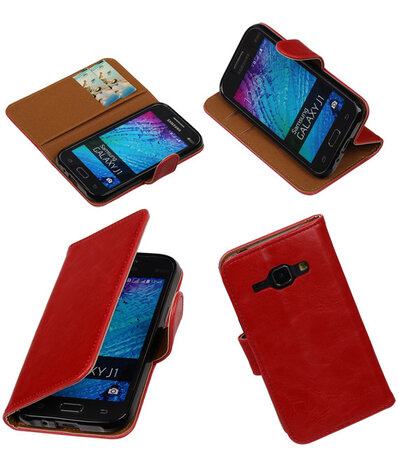 Rood Pull-Up PU Hoesje Samsung Galaxy J1 Booktype Wallet Cover