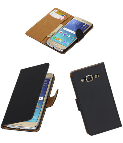 Zwart Effen booktype wallet cover hoesje voor Samsung Galaxy J2 2016