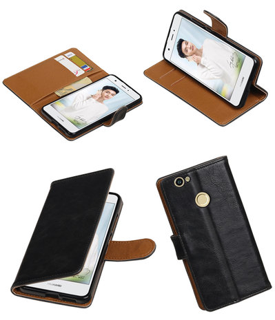 Zwart Pull-Up PU booktype wallet cover hoesje voor Huawei Nova